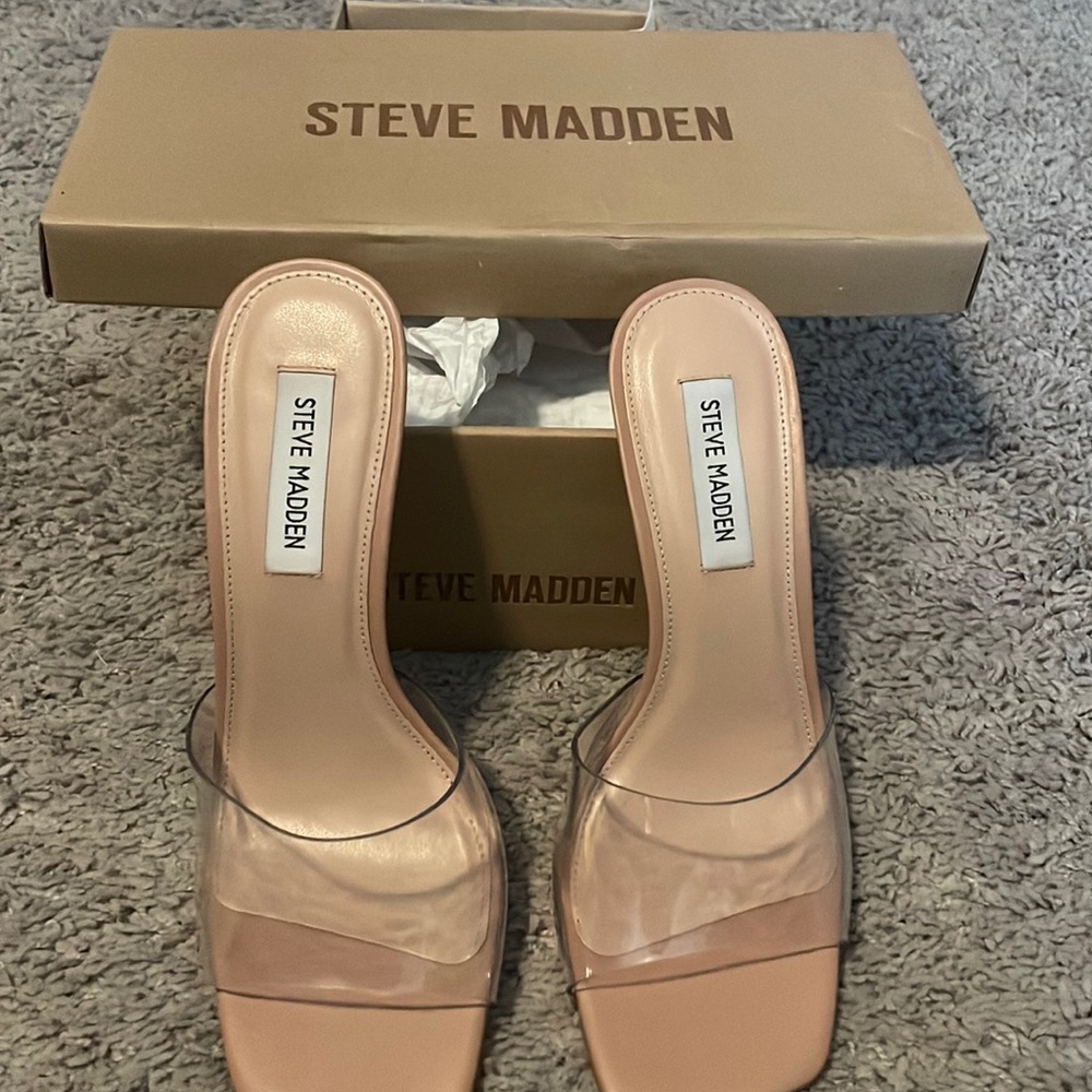 Brand new never been worn Steve Madden clear slip on heels